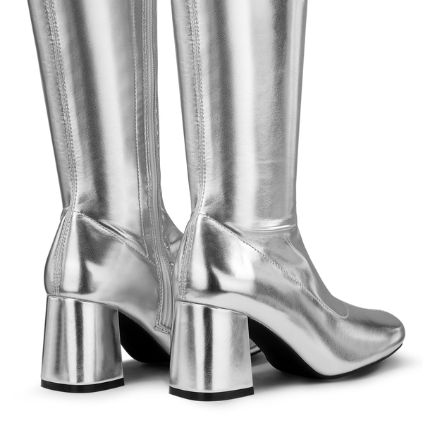 Desire Square Toe Chunky Knee High Gogo Boots - SILVER PU - 4